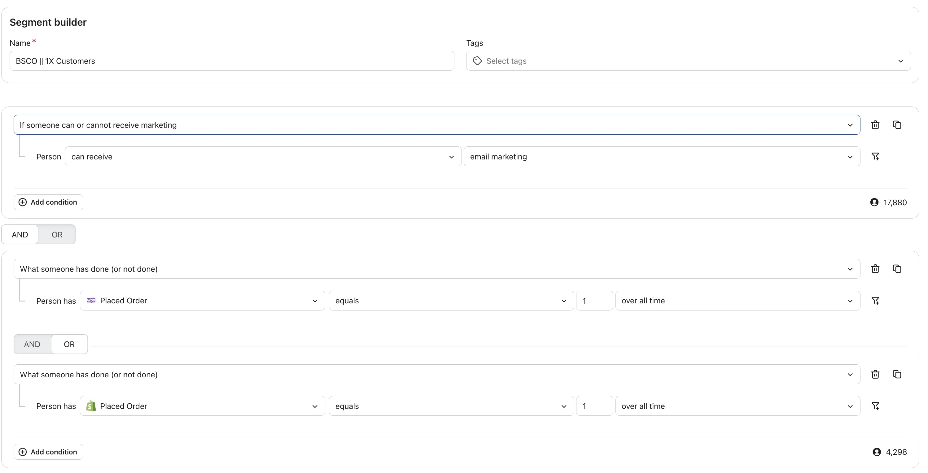 Klaviyo segment builder showing a real one-time-customer segment with conditions: can receive email marketing AND Placed Order equals 1 over all time, resolving to 4,298 profiles out of a 17,880-person marketable list